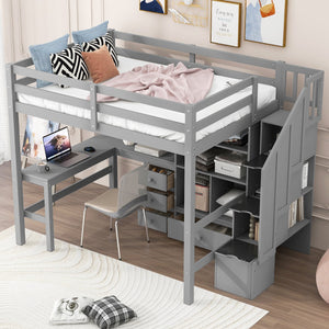 English Elm Full Full Size Loft Bed with L-Shaped Desk, Drawers, Cabinet and Staircase Storage for Space-Saving Rooms Gray GX000469AAE