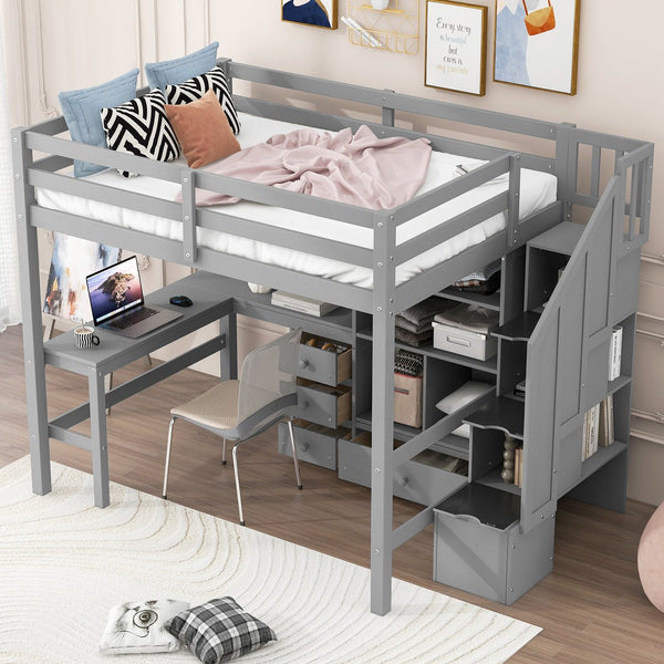 English Elm Full Full Size Loft Bed with L-Shaped Desk, Drawers, Cabinet and Staircase Storage for Space-Saving Rooms Gray GX000469AAE