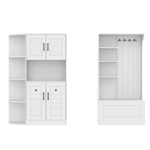 English Elm Multifunctional Modular Hall Tree Cabinet with Open Shelves and Hooks for Entryway White W1580S00519