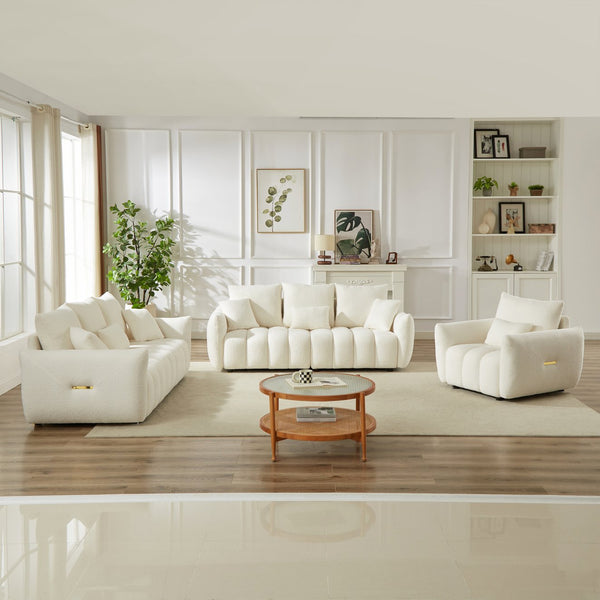English Elm 1 Plus 3 3 Teddy Fleece Sofa Set with Pine Frame Seven Cushions for Living Rooms Beige W1193S00184