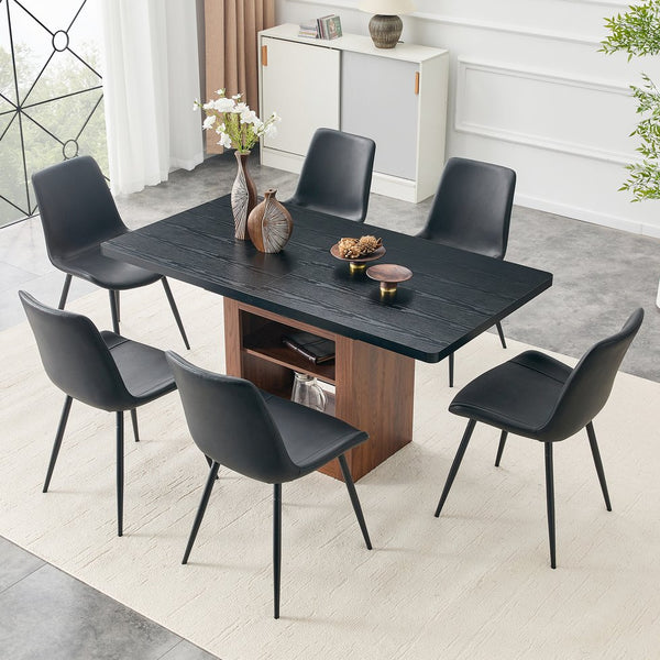 English Elm Expandable Walnut Finish Dining Set with Six Cushioned Pu Chairs for Modern Interiors Walnut+Black W1151S04700