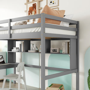 English Elm Twin Loft Bed with Built-In Desk and Bookcase, Pine Frame, Safety Guardrail, Ladder for Study Space Grey W504P181852