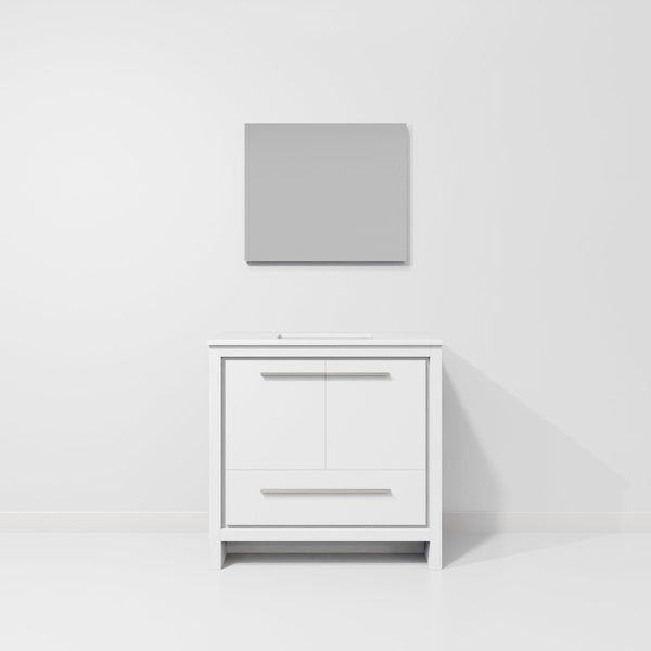 English Elm White White Bath Vanity 36 in. W x 20 in. D with Cultured Marble Top, Soft-Close Storage & 28 in. Mirror B2731S01488