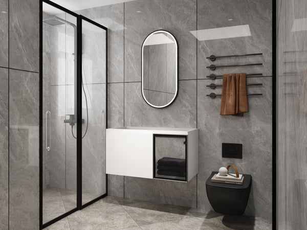 English Elm 36" Floating Bathroom Vanity Glossy White Frosted Glass Soft Close Plywood Cabinet W999P387170