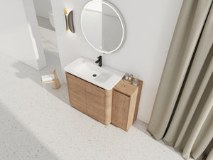English Elm 48" Floating Bathroom Vanity Dual Ceramic Vessel Sinks Oak Finish Soft Close Doors W999S00512