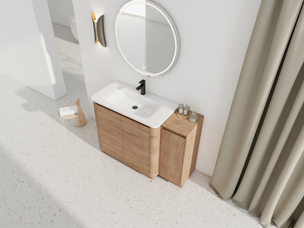 English Elm 48" Floating Bathroom Vanity Dual Ceramic Vessel Sinks Oak Finish Soft Close Doors W999S00512
