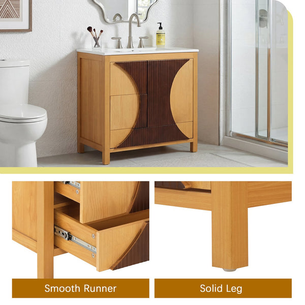 English Elm 30 Inch Fluted Freestanding Bathroom Vanity Solid Wood Soft Close Spa Style W5278S00003
