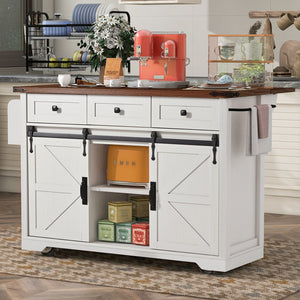 English Elm K&K 53.7" Farmhouse Kitchen Island with Drop Leaf, Sliding Barn Doors, Built-In Power & Wheels White N707P170347W