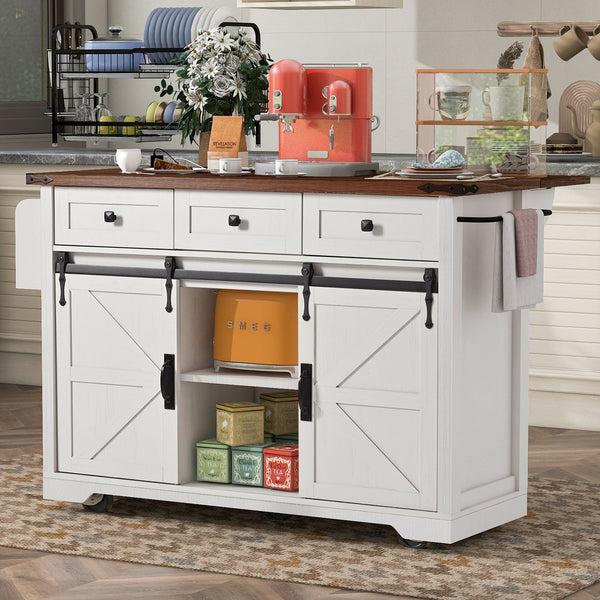 English Elm K&K 53.7" Farmhouse Kitchen Island with Drop Leaf, Sliding Barn Doors, Built-In Power & Wheels White N707P170347W