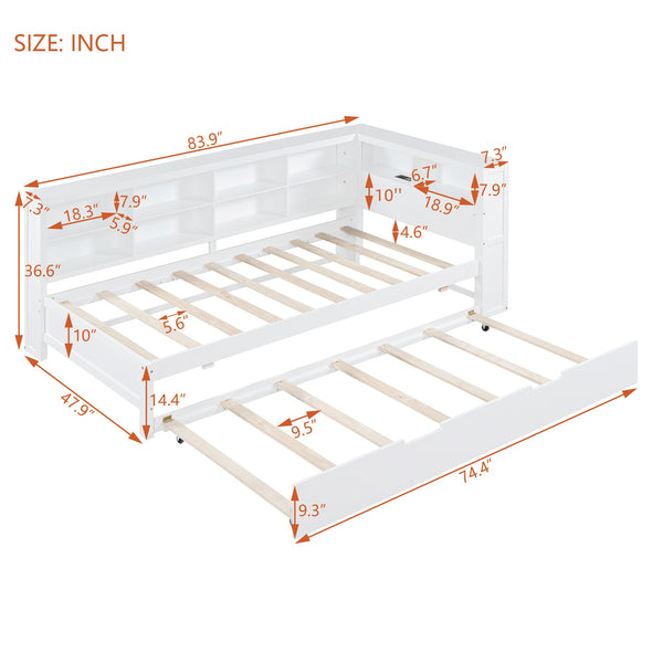 English Elm Wooden Twin Daybed with Storage Drawers Usb Charging Shelf and Pine Frame N733S347509K