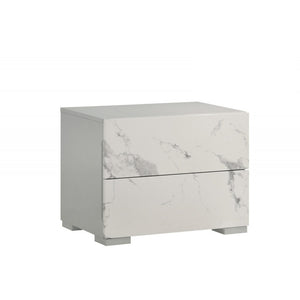 English Elm White/gray Lacquer Two Drawer Nightstand Marble Laminate Gloss Bedside Storage B011P496277