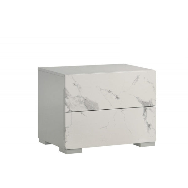 English Elm White/gray Lacquer Two Drawer Nightstand Marble Laminate Gloss Bedside Storage B011P496277