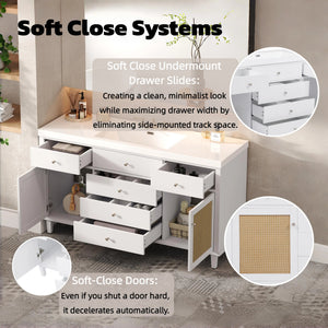 English Elm Christopher Knight Home® - 60" Modern Bathroom Vanity with Durable SMC Sink, Rattan Doors, Soft-Close Drawers, Pine Legs White N817P296130W