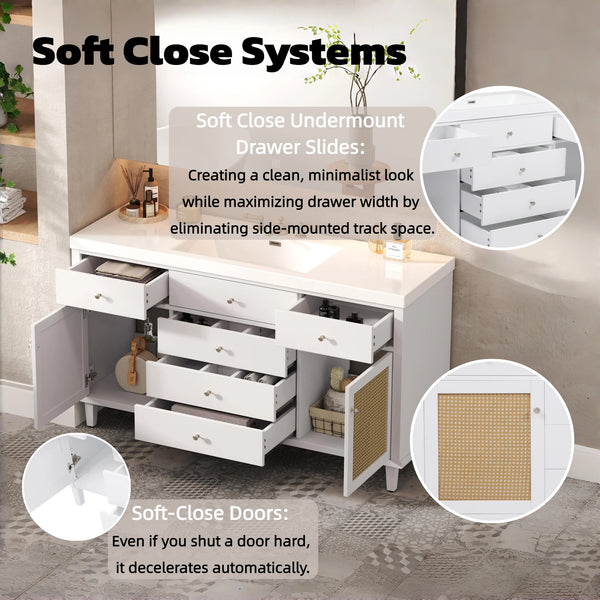 English Elm Christopher Knight Home® - 60" Modern Bathroom Vanity with Durable SMC Sink, Rattan Doors, Soft-Close Drawers, Pine Legs White N817P296130W