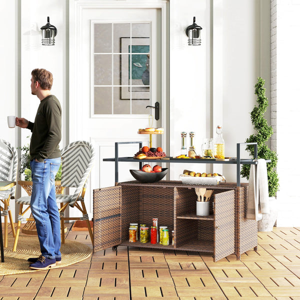 English Elm Outsunny Pe Rattan Outdoor Bar Cart with Tempered Glass Top and Storage Cabinet W2225P485624