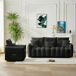 English Elm 80.7 Inch Plush Teddy Velvet 3 Seat Sofa Solid Wood Frame with Six Included Cushions Black W2564S00067