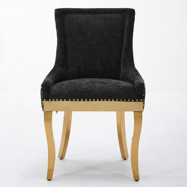 English Elm Chenille Plush Dining Chair with Curved Gold-Plated Legs, Rivet Trim, Textured Upholstery Comfort Black W1143P332685