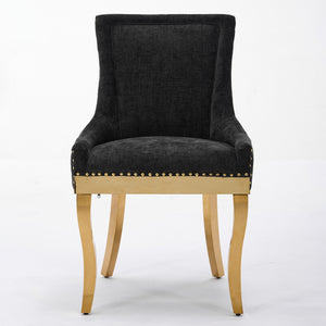 English Elm Chenille Modern Dining Chair with Curved Gold-Plated Legs, Rivet Trim, Textured Upholstery Comfort Black W1143P332685