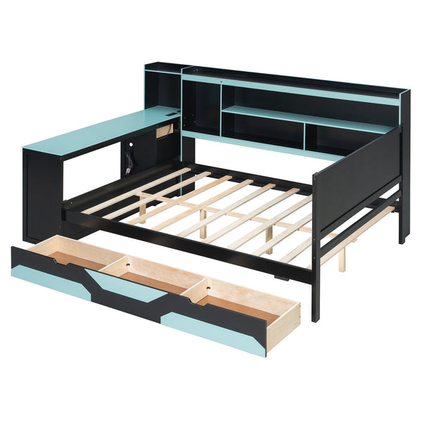 English Elm Full Size Gaming Bed Frame with Desk Led Lights Storage Drawers and Charging Station Black+Blue LP000289AAC