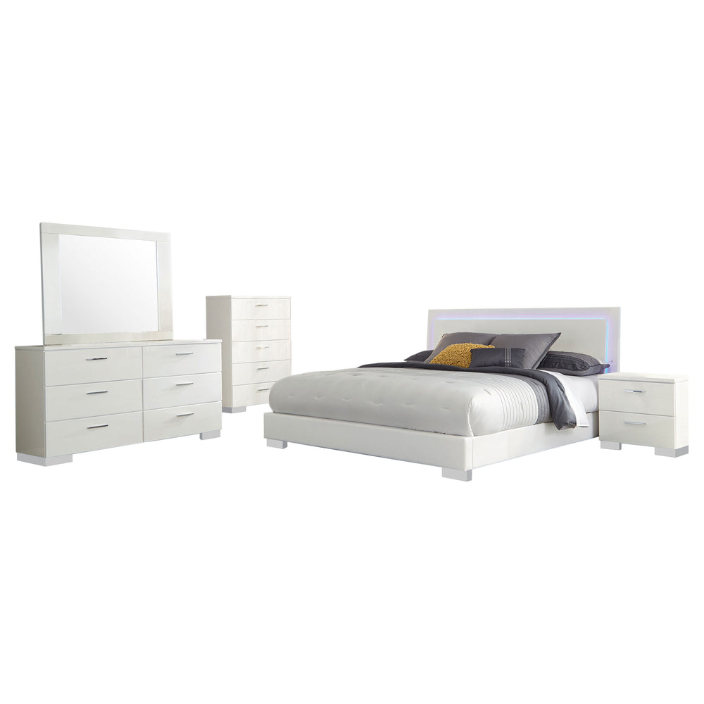 English Elm Dulcey White High Gloss 5-Piece Eastern King Bedroom Set With Led Ambiance & Ample Storage Solutions B062S01329