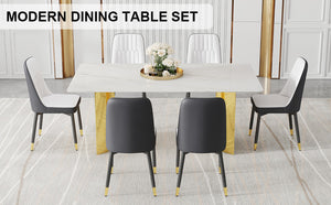 English Elm Table And Chair Set - Modern Glass Top With Imitation Marble And Gold Legs, 6 Stylish Pu Chairs W1151S04357-GIGA