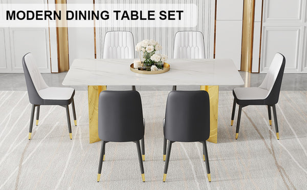 English Elm Table And Chair Set - Modern Glass Top With Imitation Marble And Gold Legs, 6 Stylish Pu Chairs W1151S04357-GIGA