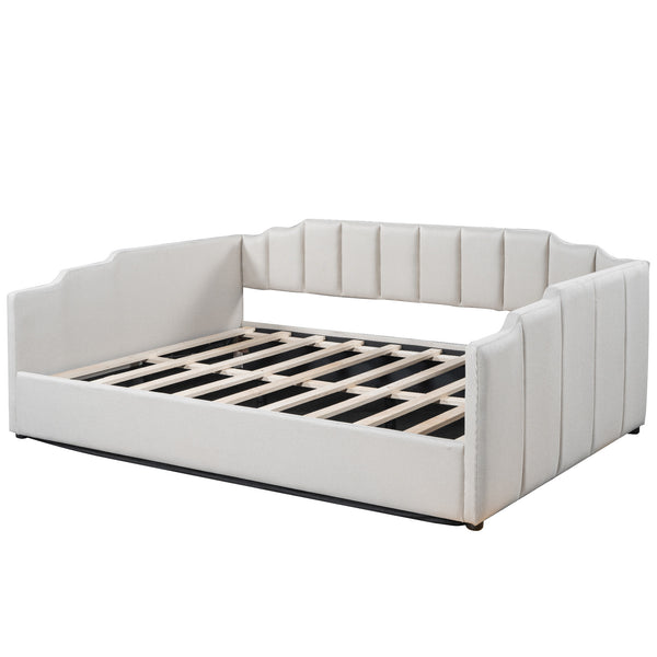 English Elm Upholstered modern daybed with under-bed storage drawers, full-size platform frame for guests Beige DL002033AAA