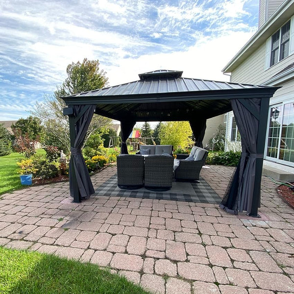English Elm 12'x12' Hardtop Gazebo Canopy Grey — Powder-Coated Aluminum, Double Roof, Drainage, Curtains & Netting W1859S00158