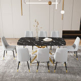 Hearth and Haven Large Modern Minimalist Rectangular Dining Table with 0.39 "Imitation Marble Black Tabletop and Golden Metal Legs, Paired with Chairs with Leatherette Cushions and Black Metal Legs. F-1537 C-007 W1151S00871 W1151S00871