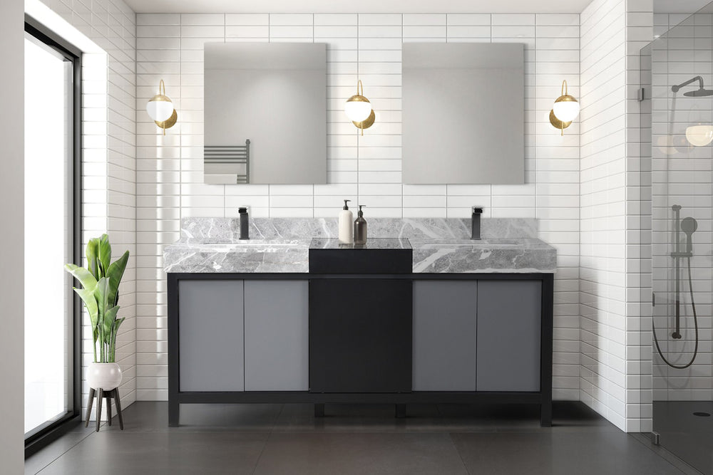 English Elm Black Double Bath Vanity 72" With Castle Grey Marble Top, Gun Metal Faucets & 28" Mirrors Included B2731S01157