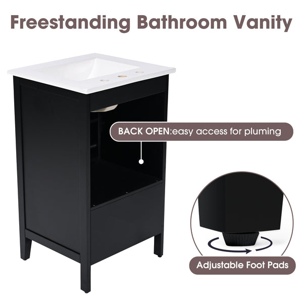 English Elm 20" Bathroom Vanity with Sink and Ceramic Top, Modern Freestanding Cabinet with Drawer & Shelf Storage, Adjustable Feet for Stability and 200lb Capacity Black N725P192821B