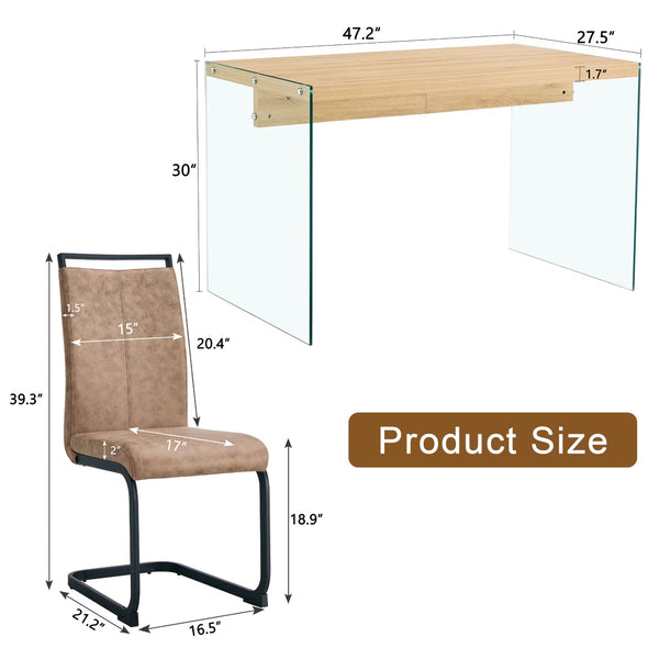 English Elm Table And Chair Set - Modern Wood Texture Mdf Coffee Table With Glass Legs And 4 Stylish Chairs W1151S02075-GIGA