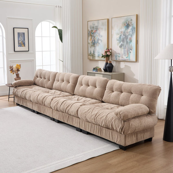 English Elm Modular Cloud Sectional Sofa Flannelette Upholstered Deep Seat with Plush Round Armrests Light Brown W2120S00042
