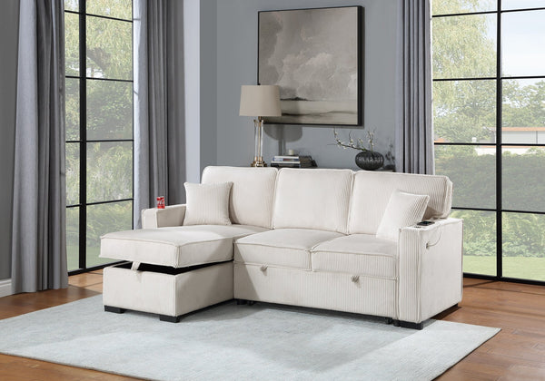 English Elm Convertible Corduroy Sectional Sofa with Reversible Chaise, Hidden Storage, USB Port & Pull-Out Bed Beige 60 L x 30 W x 19 H B011S01244