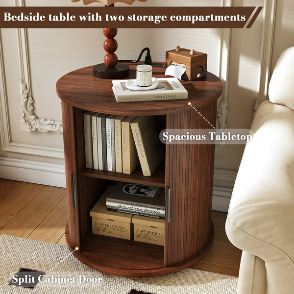English Elm Mid Century Walnut Round End Table with Charging Station and Sliding Door Storage W2700P385517