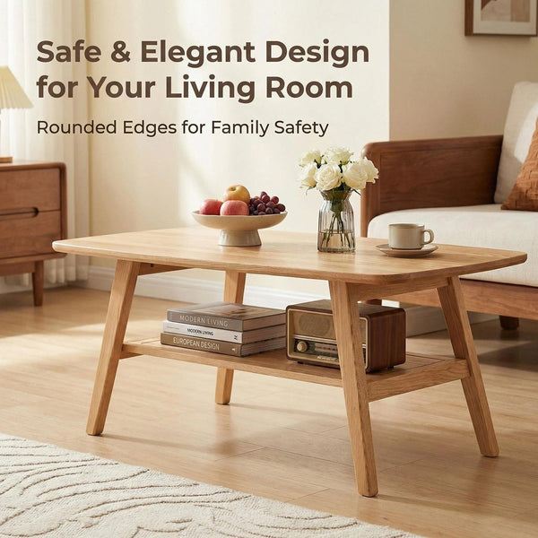 English Elm Mid Century Modern Solid Oak Two Tier Coffee Table with Open Shelf for Living Room Wood W3204P469106