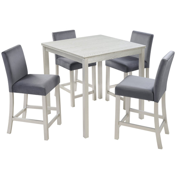 English Elm 5 Piece Counter Height Table Set - Stylish Square Dining Table With 4 Upholstered Chairs, Silver Grey W1998S00070