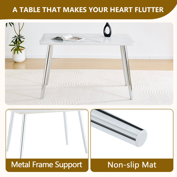English Elm Modern Marble Look Glass Top Rectangular Dining Table Seats Six Silver Tapered Legs W1151S04623