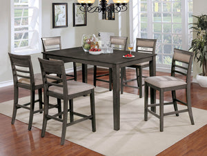 English Elm 7pc Counter Height Dining Set Weathered Gray & Beige Two-Tone 60" Table Padded Slat-Back Chairs B2741P384397