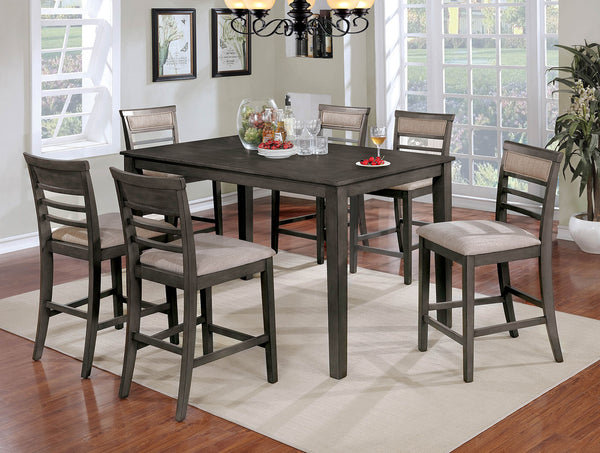 English Elm 7pc Counter Height Dining Set Weathered Gray & Beige Two-Tone 60" Table Padded Slat-Back Chairs B2741P384397