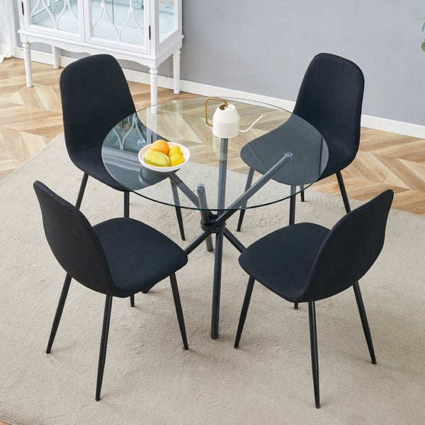 English Elm Table 5-Piece Modern Glass Dining Set With 4 Black Linen Chairs And Stylish Metal Legs For Home W1151S03668-GIGA
