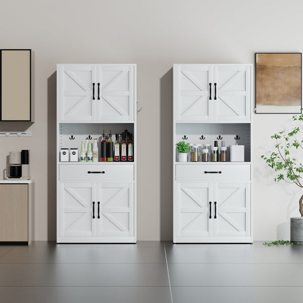 English Elm 71 Inch Steel Kitchen Pantry Cabinet with Adjustable Shelves Drawer and Hooks Modern White T2398P413028