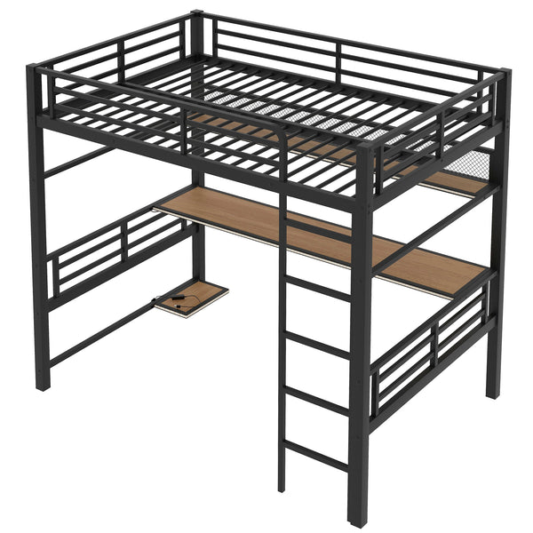 English Elm Full Size Metal Loft Bed Frame with Desk, LED Lights, Storage Shelves & Guardrails for Gamers DL002208AAB