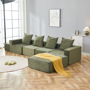 English Elm L-shaped Modular Sectional with Ottoman Corduroy Upholstery Four Seat Living Room Sofa Green W2699S00083