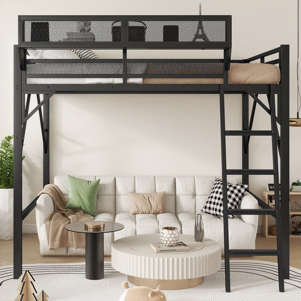 English Elm Queen Size Metal Loft Bed with Ladder and Built-In Storage Shelves, High Durable Black Frame, 400LB Capacity W2580P316650