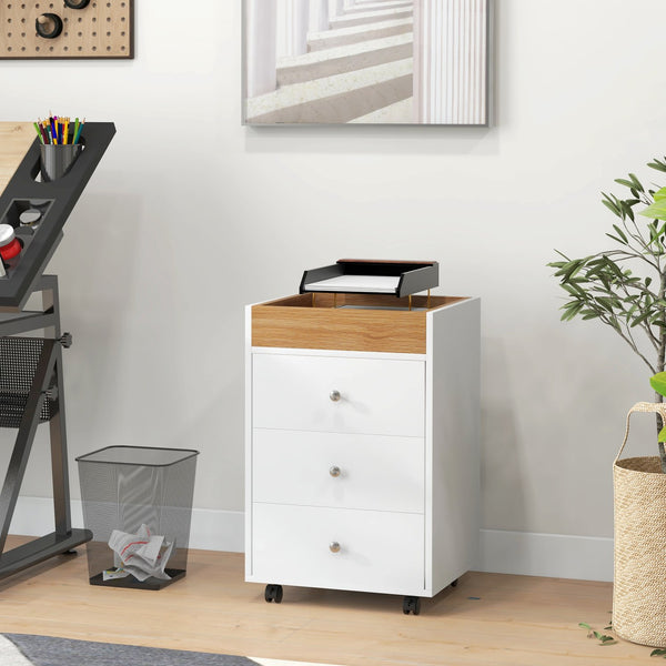 English Elm HOMCOM Mobile 3-Drawer Office Storage Cabinet with Removable Top Tray, Locking Wheels, Space-Saving Design White W2225P217756