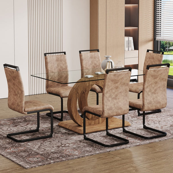 English Elm 1 Contemporary Dining Set With Clear Tempered Glass Table & 6 Brown Fabric Chairs For Modern Homes W1151S04028