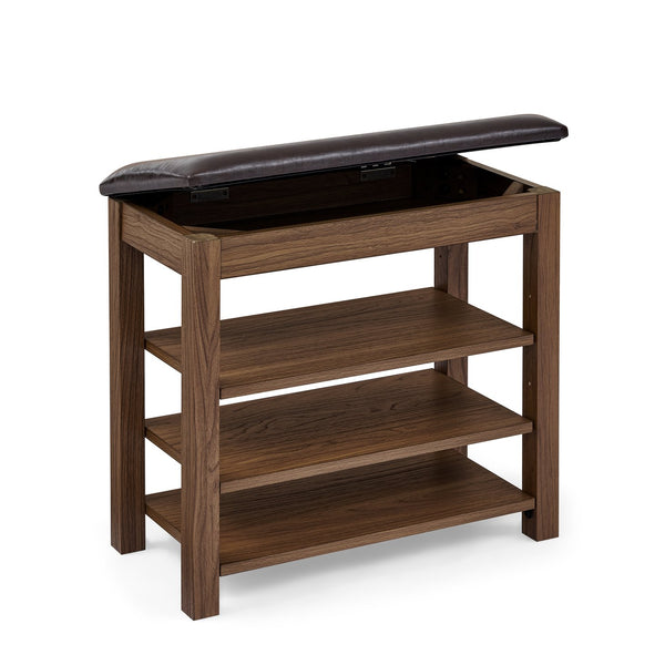 English Elm A Height-Adjustable Shoe-Changing Bench With Storage, Plush Seat, Natural Rubberwood, Warm Brown Finish W487P289976