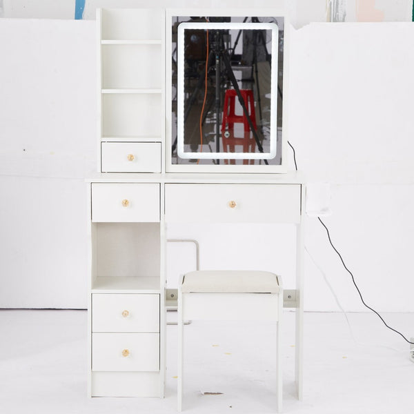 English Elm 29.2" Compact Left Drawer Vanity Set With Led Mirror, Power Station, Stool & Hair Dryer Holder P2 W936P226043-GIGA