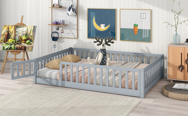 English Elm Twin Solid Rubberwood Floor Bed with Full Perimeter Safety Rails for Toddler Rooms Grey W504P296784